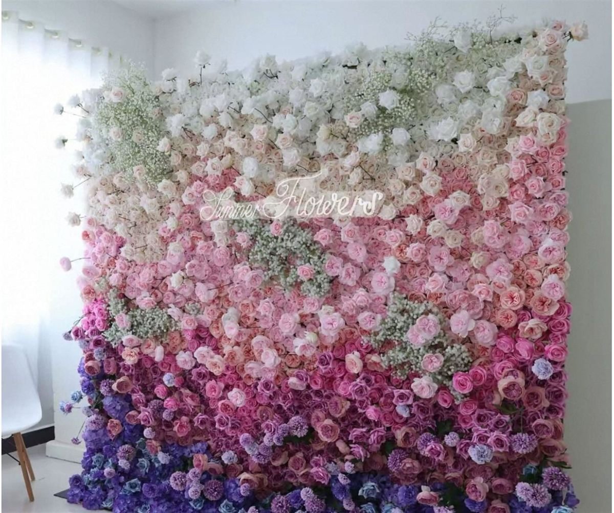 Pink & purple ombré 3D flower wall backdrop for photo booth hire in Perth