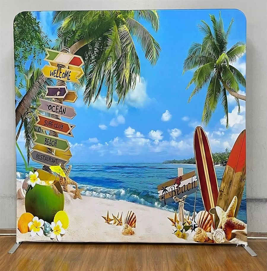 Tropical beach photo booth backdrop available to hire in Perth