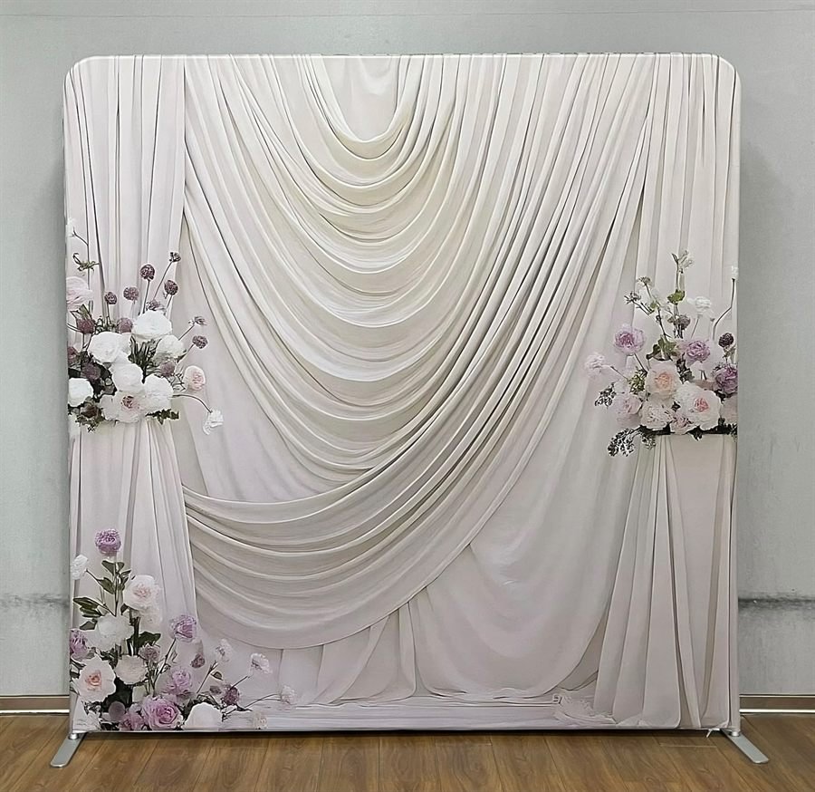 White floral drape photo booth backdrop available to hire in Perth