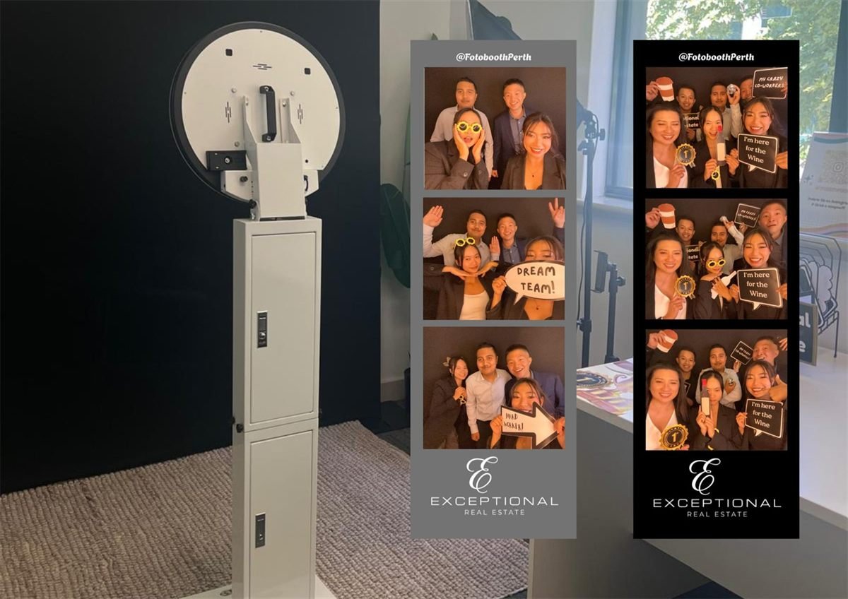 A Fotobooth Perth ring-light booth set up in the Exceptional Real Estate office, alongside two photo strips of the team posing with speech-bubble props, each strip carrying the Exceptional Real Estate logo