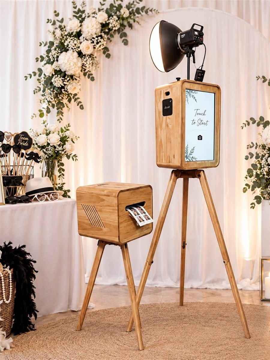 The Fotobooth Perth glam booth with studio flash lighting, set up against a white floral backdrop at a Perth wedding