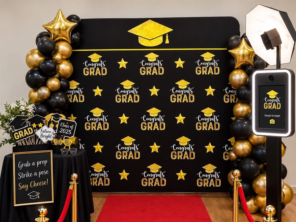 A graduation photo booth setup with a Congrats Grad step-and-repeat backdrop, black and gold balloon garland, red carpet, rope stanchions and a prop table