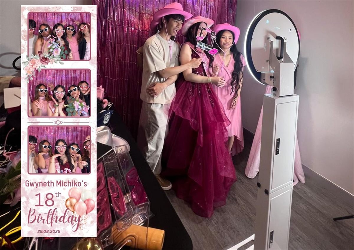 Three guests in pink cowboy hats and heart-shaped sunglasses posing beside a Fotobooth Perth ring-light booth at an 18th birthday at Ken Jackman Hall, against a hot pink foil backdrop, with their floral photo strip alongside