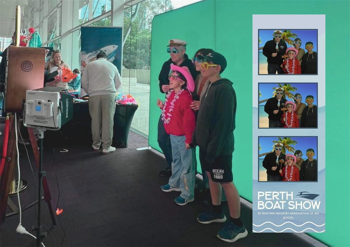 A family in captain hats, leis and novelty sunglasses posing against a green screen at the Perth Boat Show, beside their photo strip showing them composited onto a tropical beach background