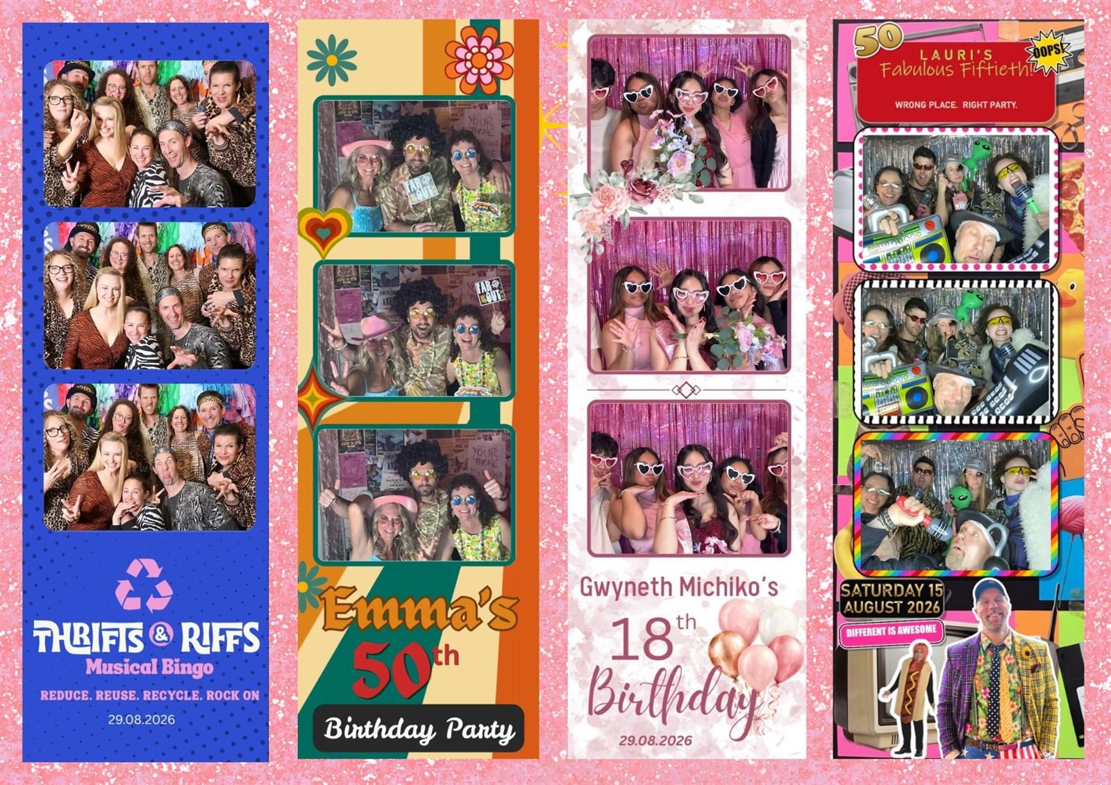 Four Fotobooth Perth print templates side by side: a Thrifts and Riffs musical bingo strip, a 1970s-themed strip for Emma&rsquo;s 50th birthday party, Gwyneth Michiko&rsquo;s 18th birthday strip, and Lauri&rsquo;s Fabulous Fiftieth strip