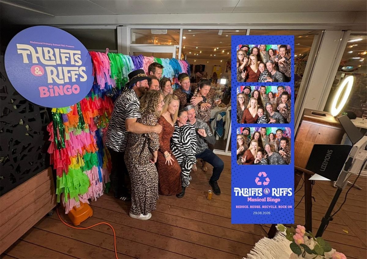 A large group in thrifted animal-print outfits posing at a Fotobooth Perth booth at the Richmond Primary School Thrifts and Riffs musical bingo fundraiser, with their photo strip alongside