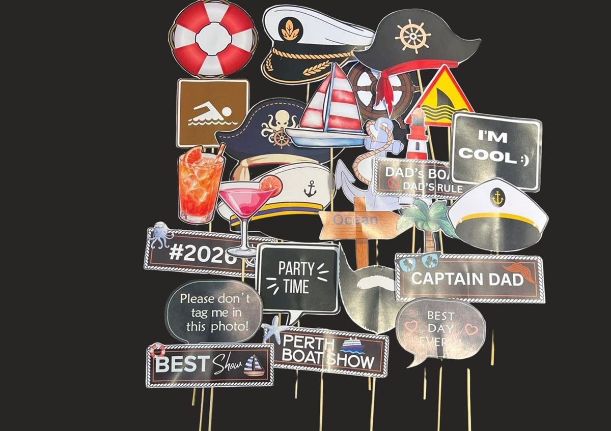 Custom photo booth props made for the Perth Boat Show, including captain hats, nautical signs and props carrying the event name